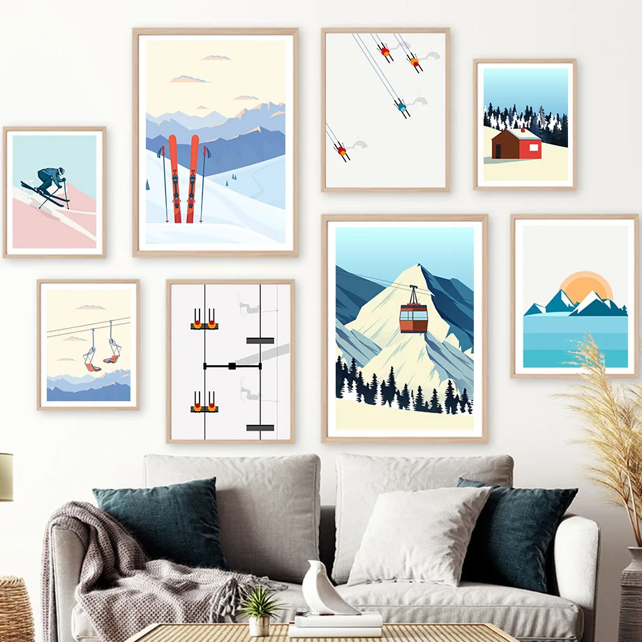 Baby Nursery Vintage Decor - Vintage Minimalist Ski Snowboard Snow Mountain
