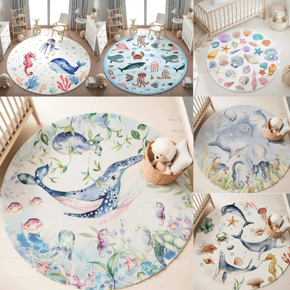 Baby Nursery Game - Blue Marine animal Round Carpet for