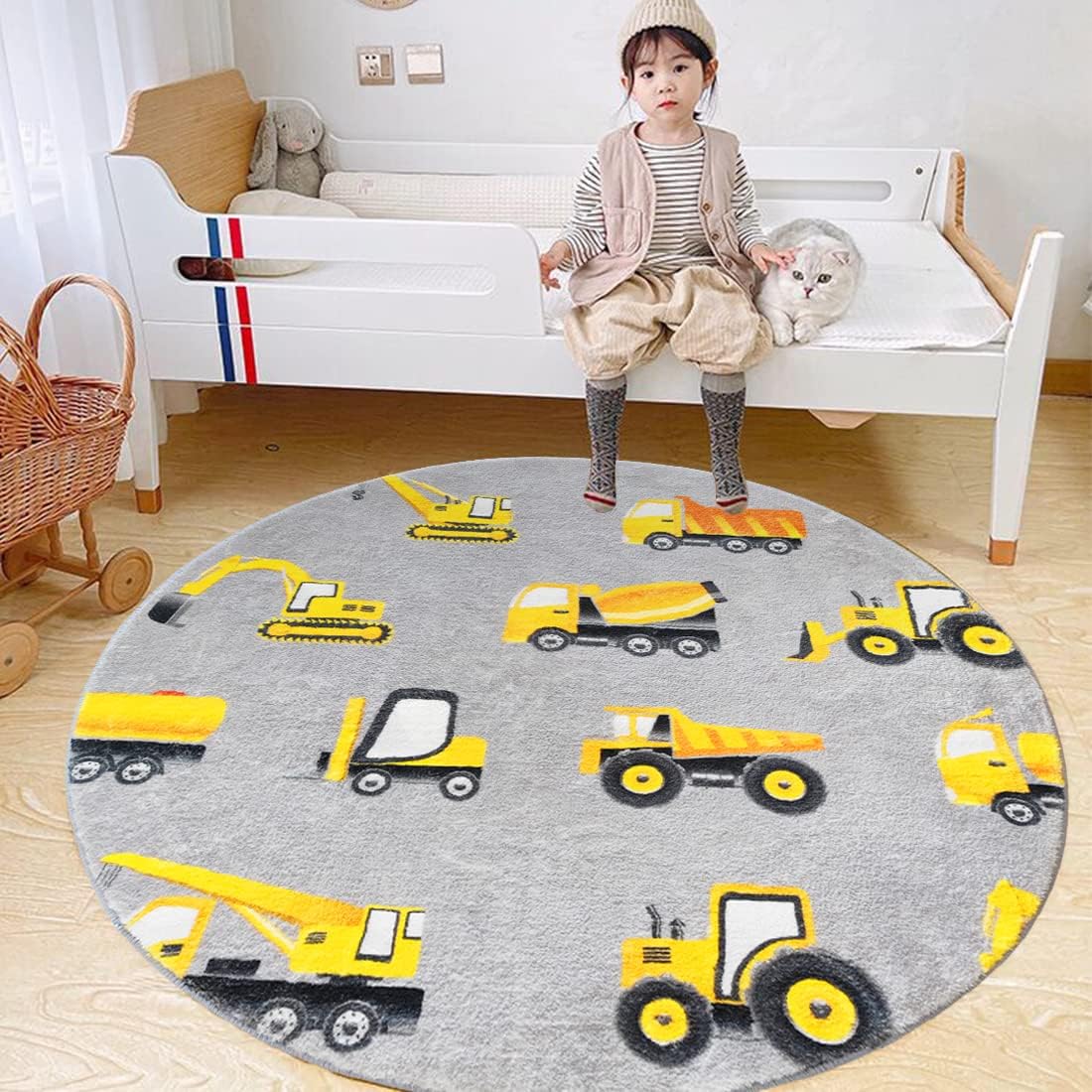 Gray Construction Vehicle Roun - Baby Nursery Yellow ulasan dan harga